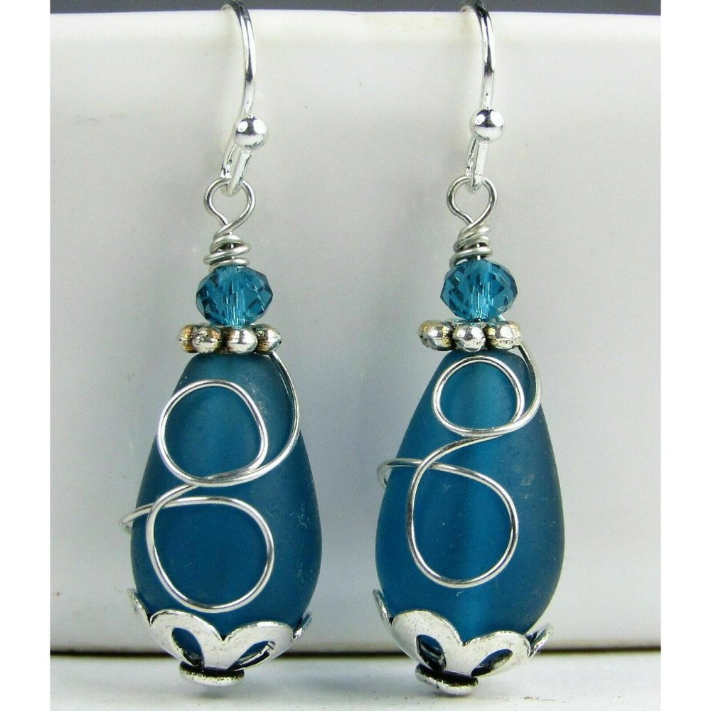 Teal Blue SEA GLASS Teardrop Earrings